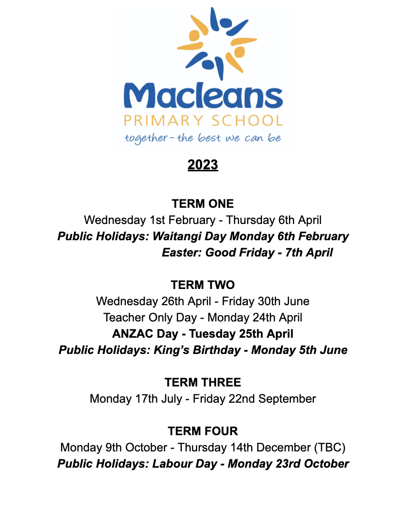 Term Dates Macleans Primary School